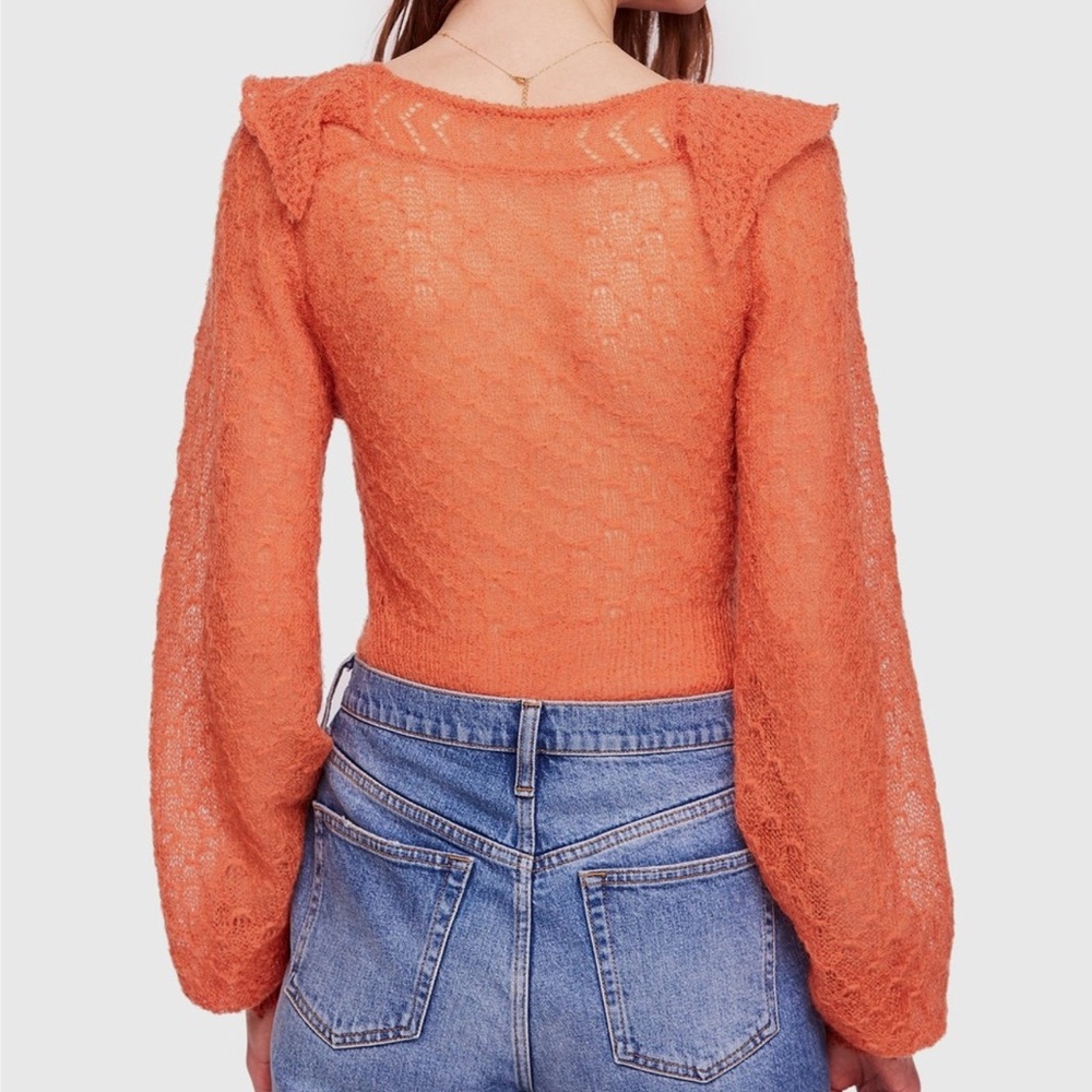 Free People Macaroon Ruffled Neck Mohair Wool Sweater Burnt Orange Ruffle XS NWT - Picture 4 of 7